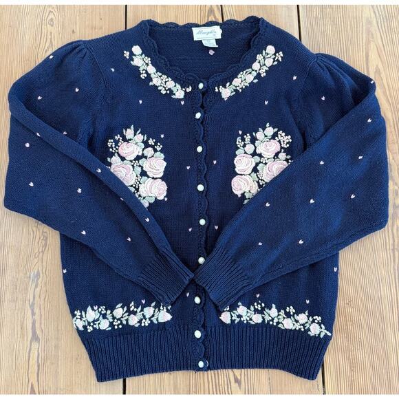 Vintage Margules Knit Sweater Cardigan FloralEmbroidered Navy Button Down L - Picture 1 of 7